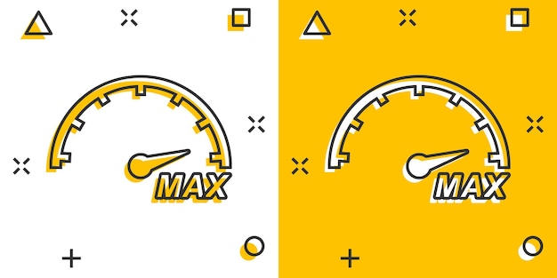 Cartoon max speed icon in comic style Speedometer sign illustration pictogram Tachometer splash business concept