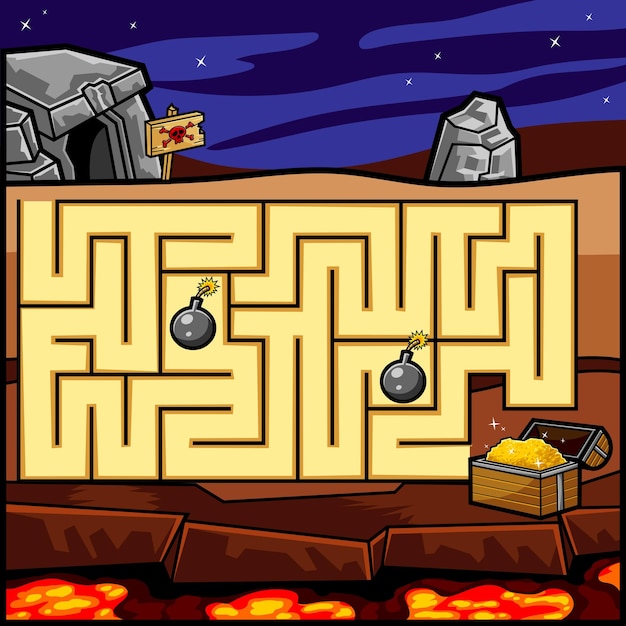 Cartoon Maze Game Education For Kids Reach The Treasure Through The Cave With Obstacles