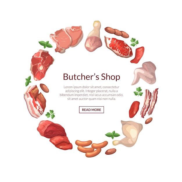 cartoon meat pieces in circle form with place for text in center round illustration