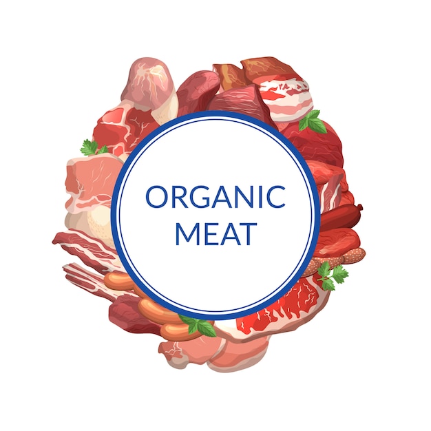 cartoon meat pieces under circle with place for text illustration. Meat frame isolated