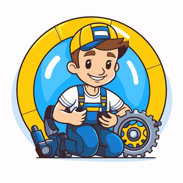 Cartoon mechanic boy sitting with gear wheel and wrench Vector illustration