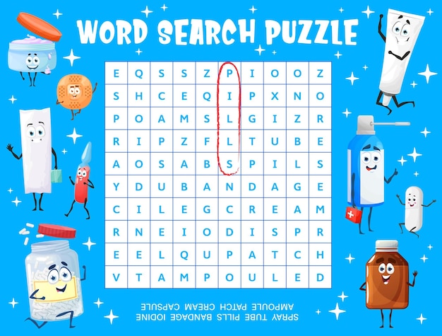 Cartoon medication characters word search puzzle