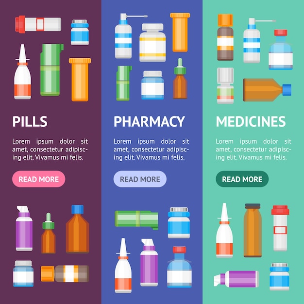 Cartoon Medicine Bottles for Drugs Banner Vecrtical Set Vector