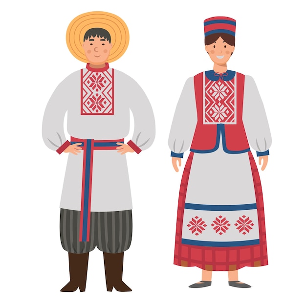 Vector cartoon men's and women's costumes of belarus character for children flat vector illustration