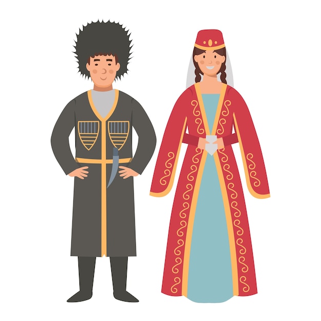 Vector cartoon men's and women's georgia suit character for children flat vector illustration