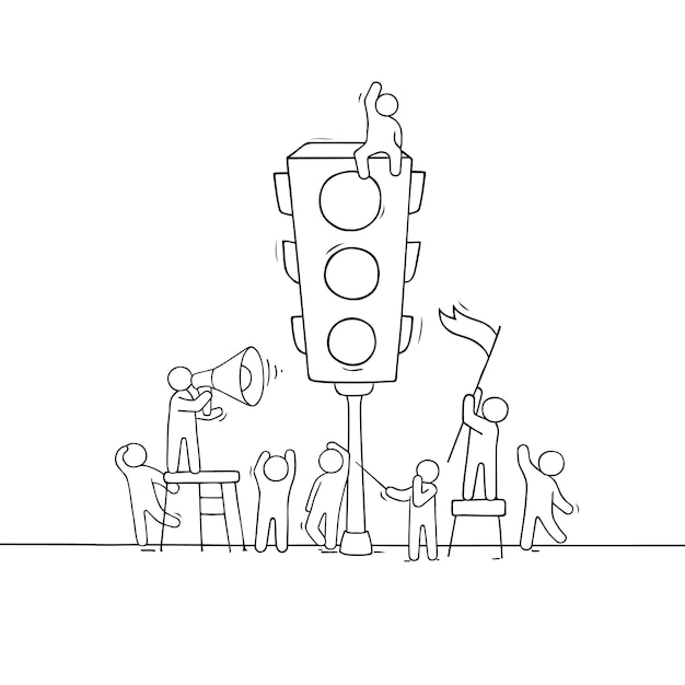 Cartoon men with traffic light