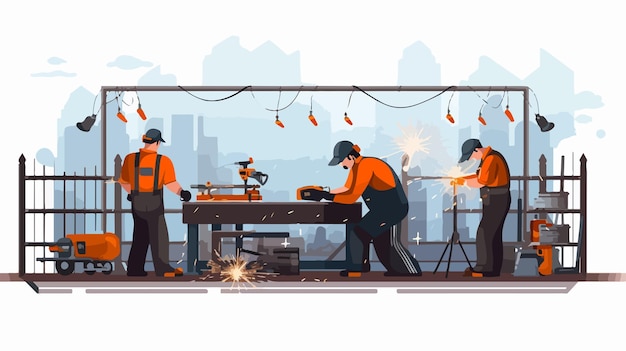 Vector a cartoon of men working on a building site with a crane in the background