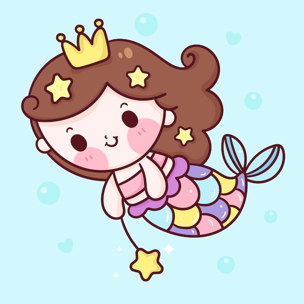 Cartoon Mermaid princess with star fish kawaii style