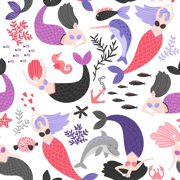 Cartoon mermaids and sea animals pattern