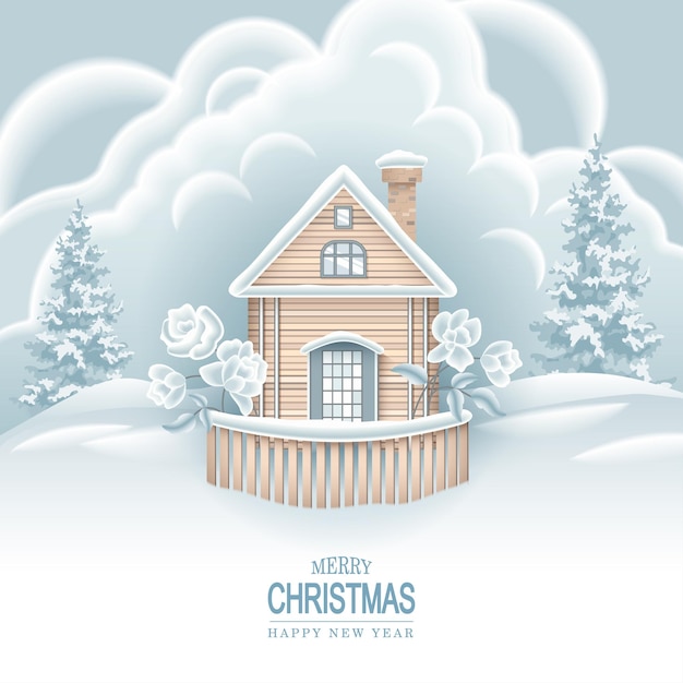 Cartoon Merry Christma winter background with cottage and winter flowers