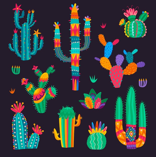 Vector cartoon mexican cactus flowers, desert succulent set. vector cacti in colorful psychedelic style. desert plants with spikes or blossoms, tropical flora design elements for cinco de mayo greeting cards