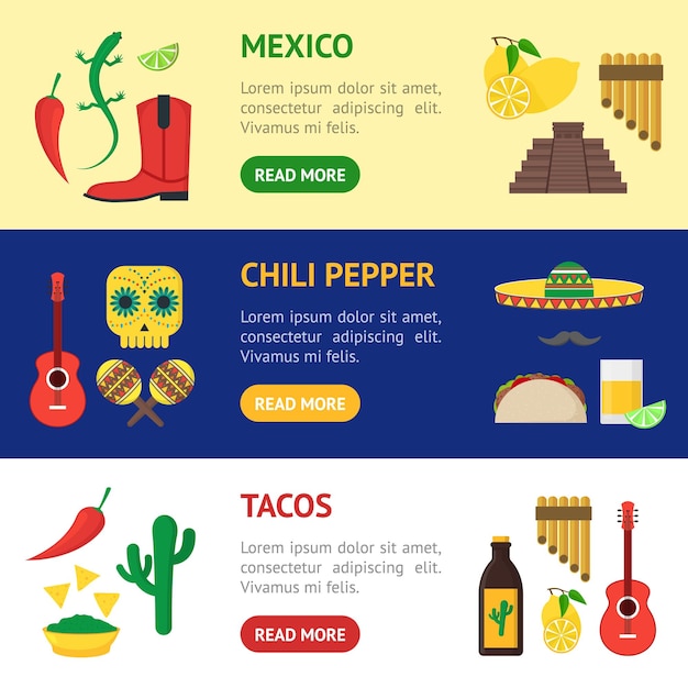 Cartoon Mexican Culture Banner Horizontal Set Vector