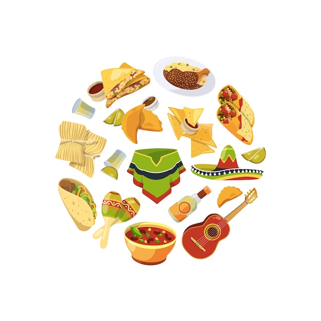  cartoon mexican food in circle shape illustration