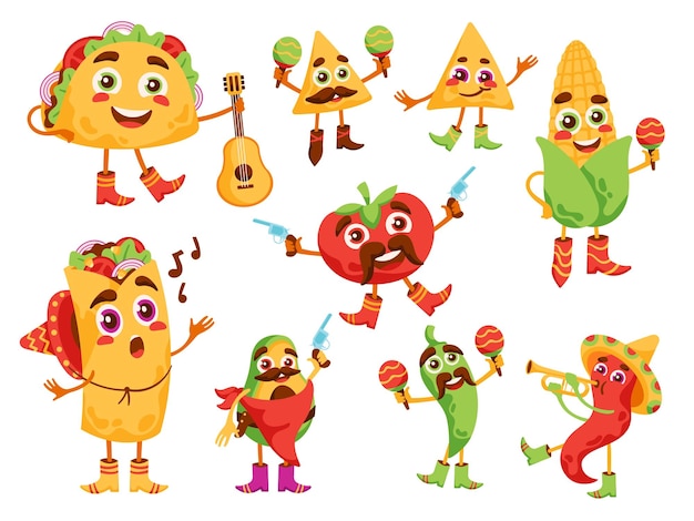 Cartoon Mexican food products characters Funny burrito nachos and taco mascots Avocado hot pepper tomato and corn vector illustration set