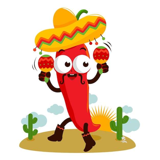 Cartoon Mexican mariachi chili pepper with maracas Cartoon jalapeno pepper Vector Illustration