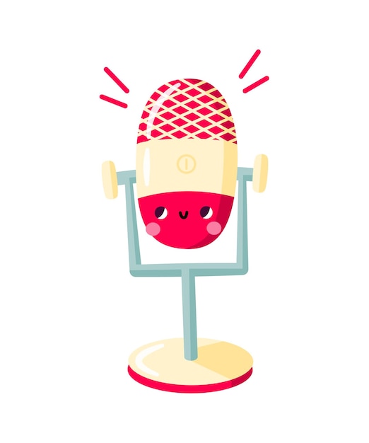 Cartoon microphone for podcast, audio record. Device with funny face. Hand drawn vector element