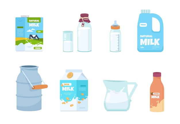 Cartoon milk. Plastic bottle, white food container, carton package, bottle and glass with yogurt. Vector set illustration of isolated packs for milk with fresh product in traditional carton