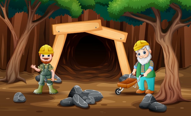 Vector cartoon mine entrance with gold miner worker