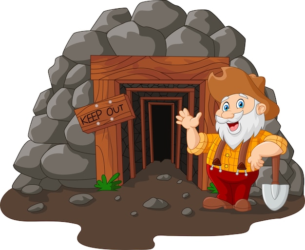 Vector cartoon mine entrance with gold miner