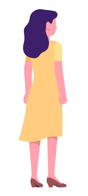 Cartoon modern woman in yellow dress Standing character rear view