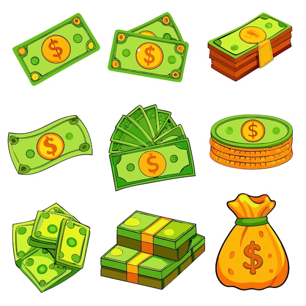 Vector cartoon money and coins fun and colorful currency illustrations for financial content