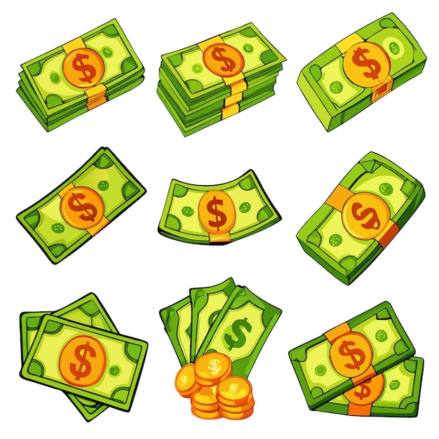 Vector cartoon money and coins fun and colorful currency illustrations for financial content