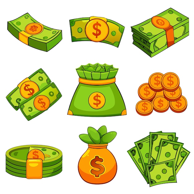 Vector cartoon money and coins fun and colorful currency illustrations for financial content