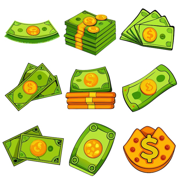 Vector cartoon money and coins fun and colorful currency illustrations for financial content