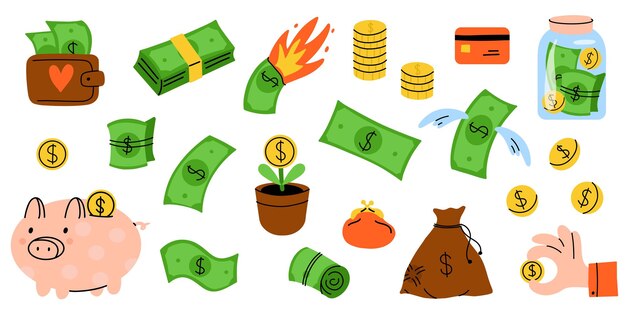 Vector cartoon money different green different dollar banknotes golden coins piggy bank credit card jar and wallet bank symbols investment earnings and income finance and business stickers vector set