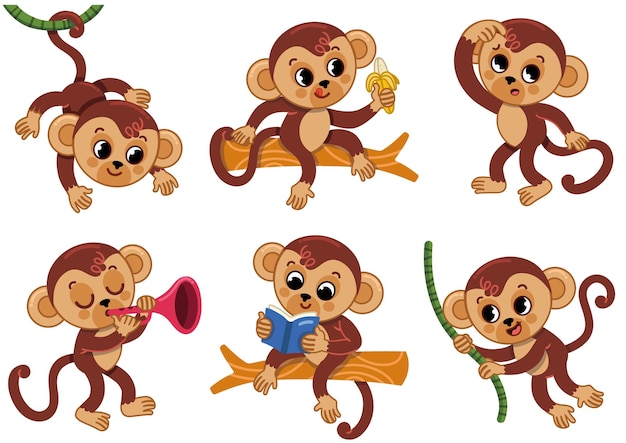 Cartoon monkey character page with different poses Vector illustration