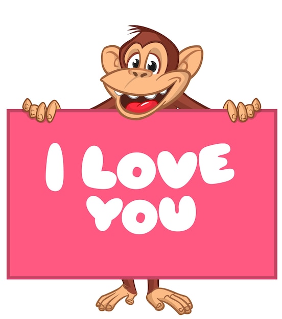 Cartoon monkey chimnpanzee holding paper with I LOVE YOU title on it