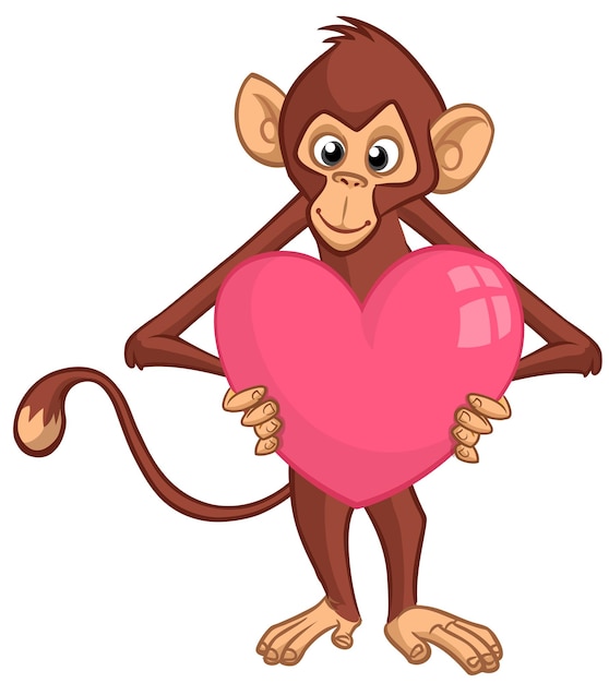 Cartoon monkey chimpanzee holding big heart St Valentine's Day illustration