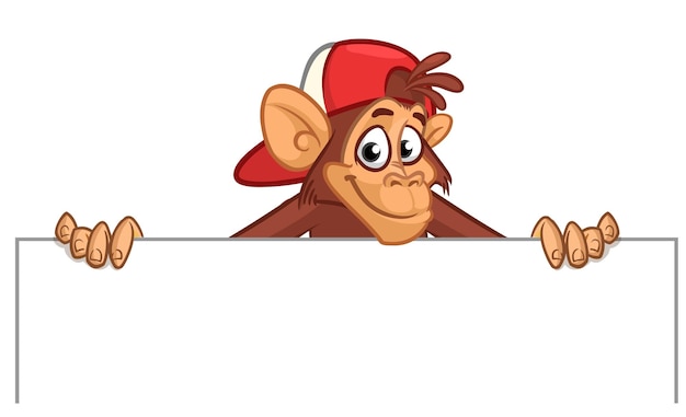 Cartoon monkey chimpanzee holding blank empty white paper or placard for menu or greetings Vector illustration of happy monkey character