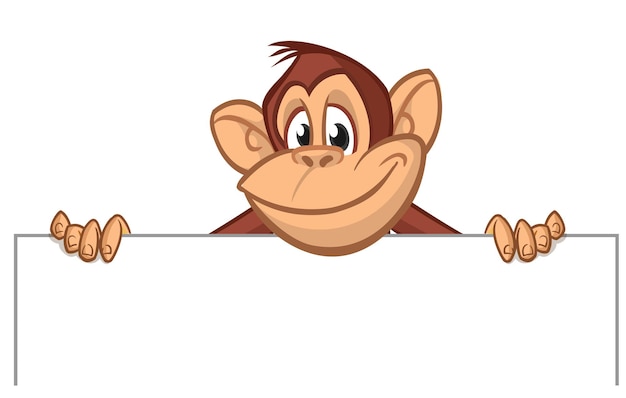 Cartoon monkey chimpanzee holding blank empty white paper or placard for menu or greetings Vector illustration of happy monkey character