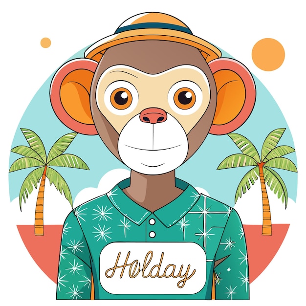 Vector a cartoon monkey wearing a hat and a tropical shirt with the word quotholidayquot on it