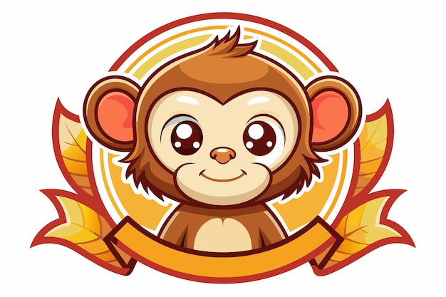 Cartoon Monkey with Big Eyes and Smiling Expression in a Circular Frame with Floral Decorations and a Banner