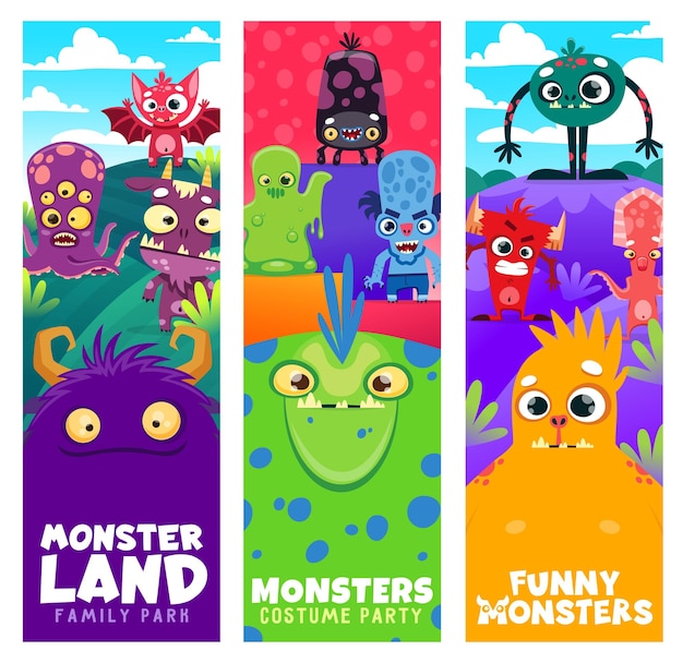 Cartoon monster characters vertical banners