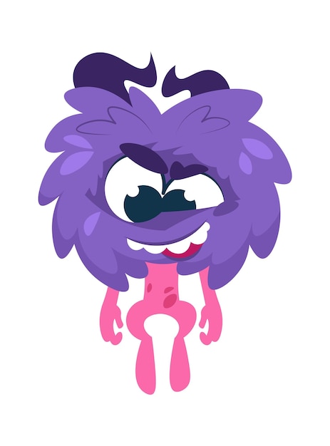 Cartoon monster Funny creature with horned head and anthropomorphic gloomy face Spooky mutant grinding teeth Purple hairy head and pink disproportionate body vector illustration