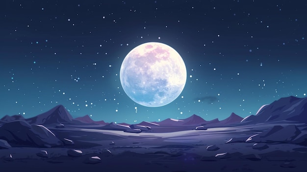 a cartoon of a moon with a lake and mountains in the background