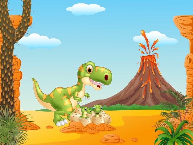 Cartoon Mother and baby dinosaur hatching