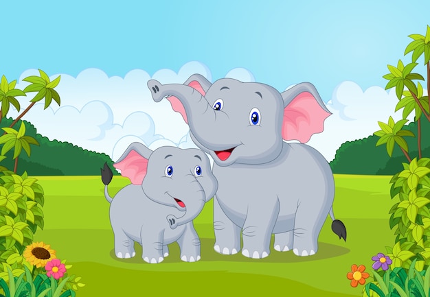 Cartoon Mother and baby elephant