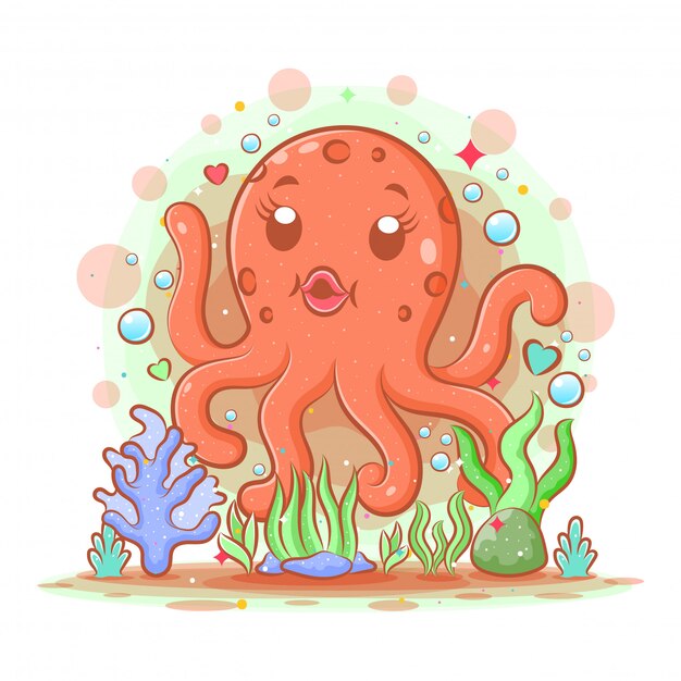 Vector the cartoon of mother big octopus has six legs