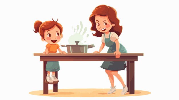 Vector a cartoon of a mother and her child cooking in a white background