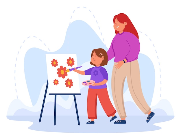 Vector cartoon mother looking at daughter painting flowers. kid drawing with paint on canvas on easel flat vector illustration. family, art, education concept for banner, website design or landing web page