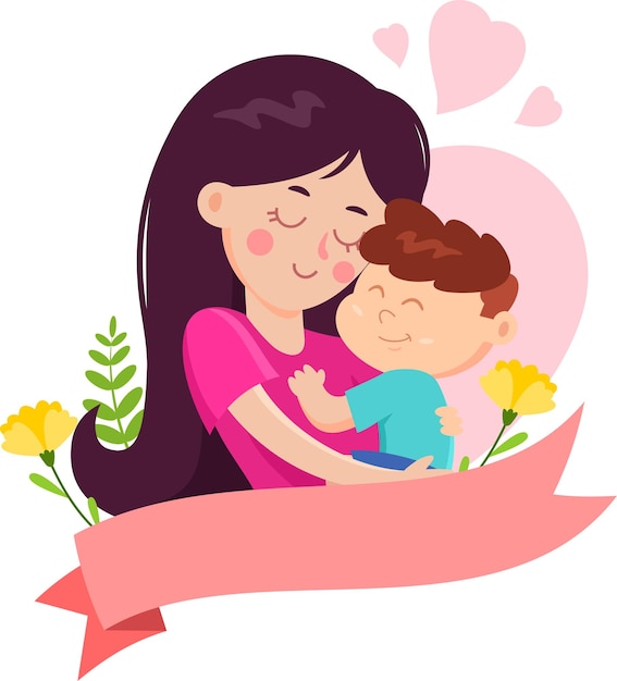 Cartoon Mothers Day Banner Template Mother Embracing A Son