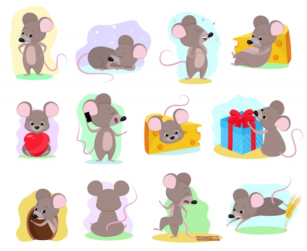 Cartoon mouse   mousy animal character rodent and funny rat with cheese illustration mousey set