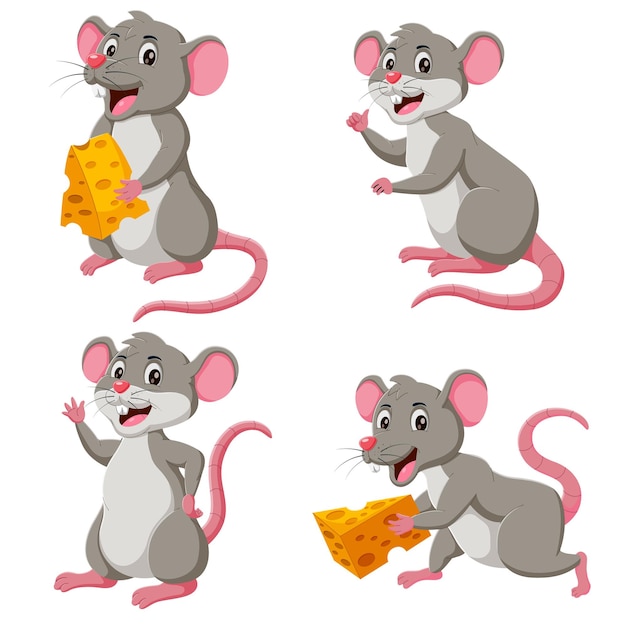 Cartoon mouse set Grey furry rodent little rat with pink hairless tail Vector illustration