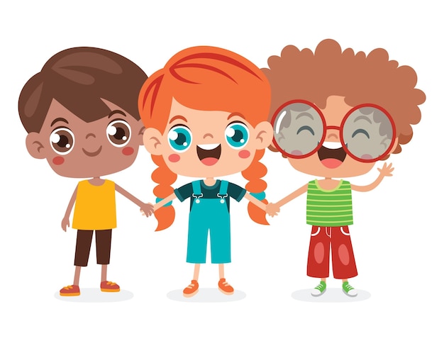 Vector cartoon multicultural kids holding hands