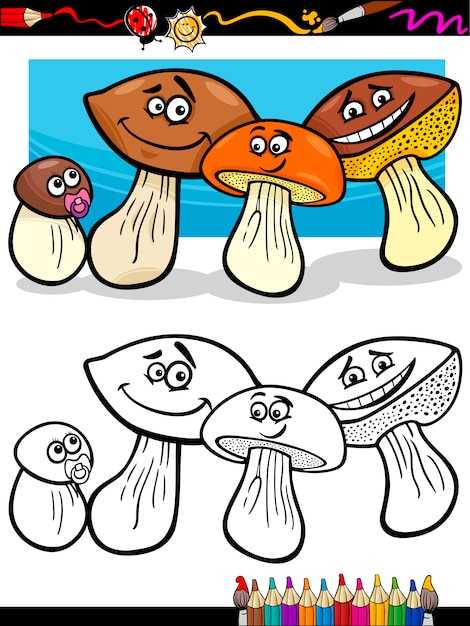 Cartoon mushrooms for coloring book