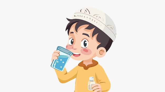 Vector cartoon muslim boy drinking water flat vector illustration